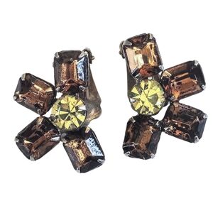 😍 Vintage 60's Amber Brown & Yellow Rhinestone Gold Clip On Earrings